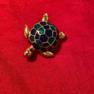 Vintage gold color with blue green enamel shell pin